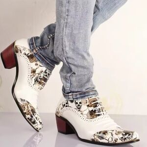 White Men Skull Punk Western Cowboy Boots Mens Heel Leather Shoes Sz 44/9.5